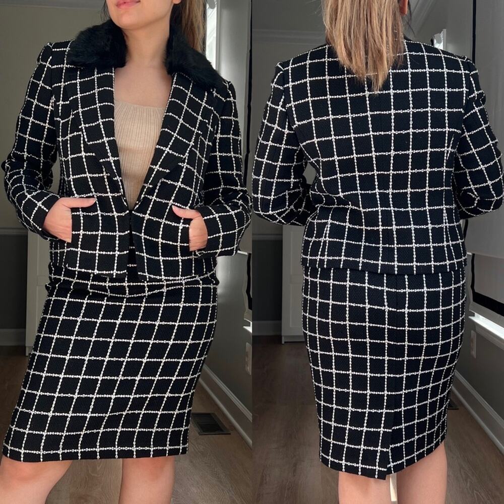 Nine West Tweed Black White Plaid Jacket and Skirt Set 6/8 Faux Fur